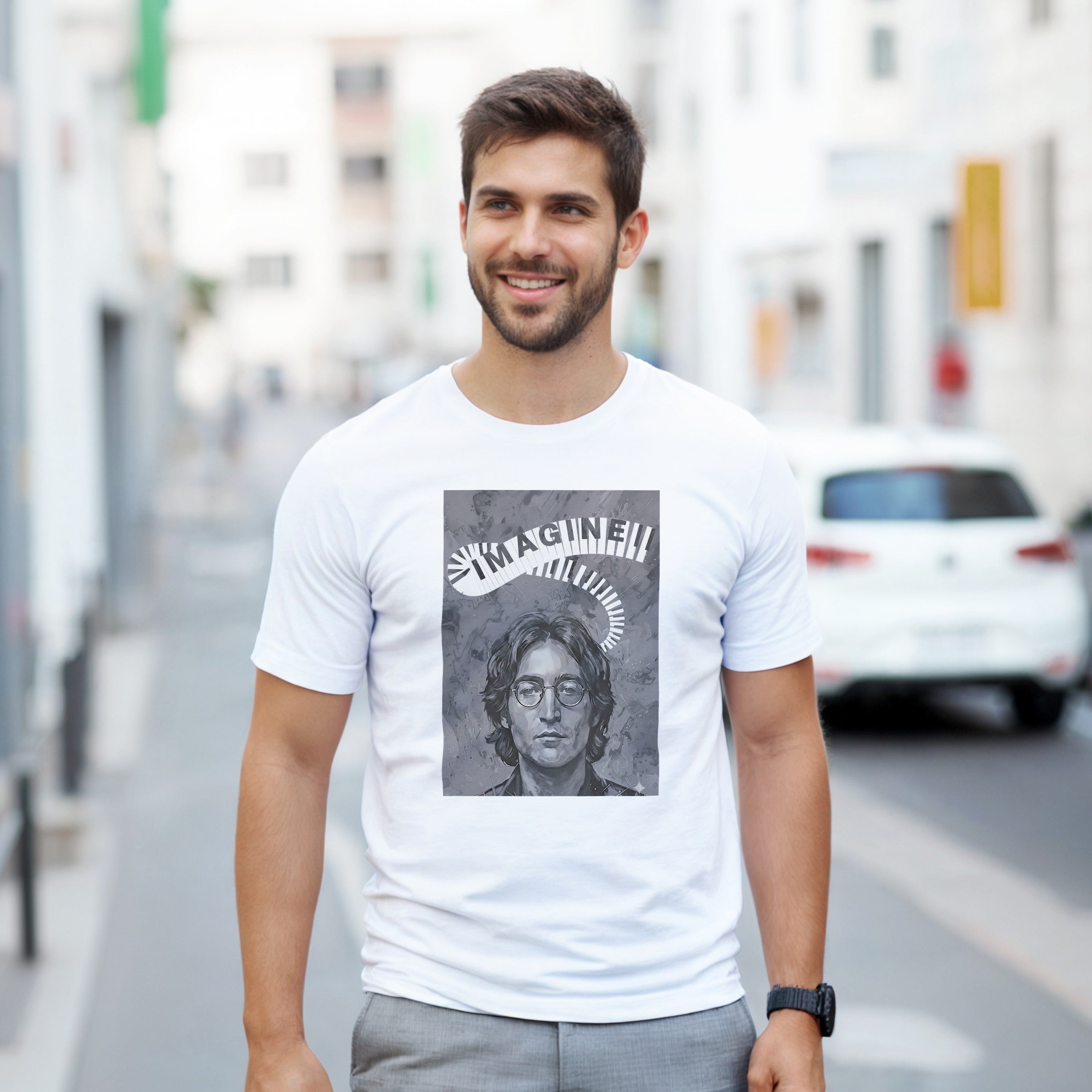 CAMISETA IMAGINE LENNON BLANCA Y GRIS