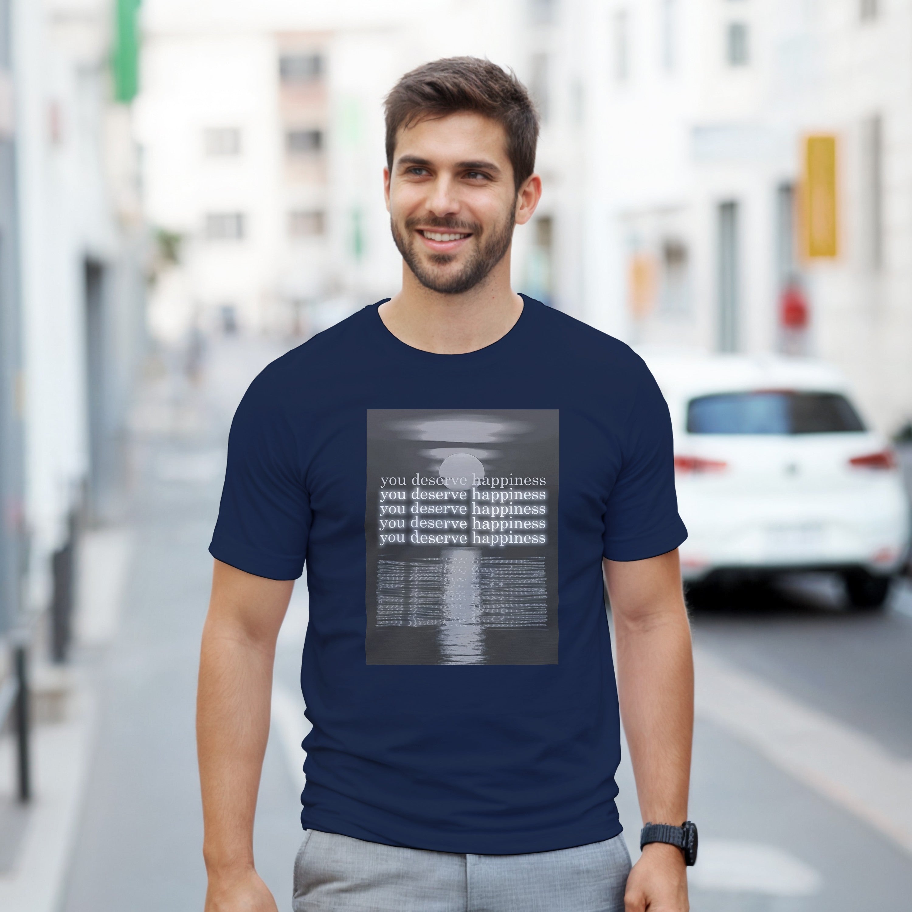 CAMISETA TE MERECES LA FELICIDAD BLANCA Y GRIS