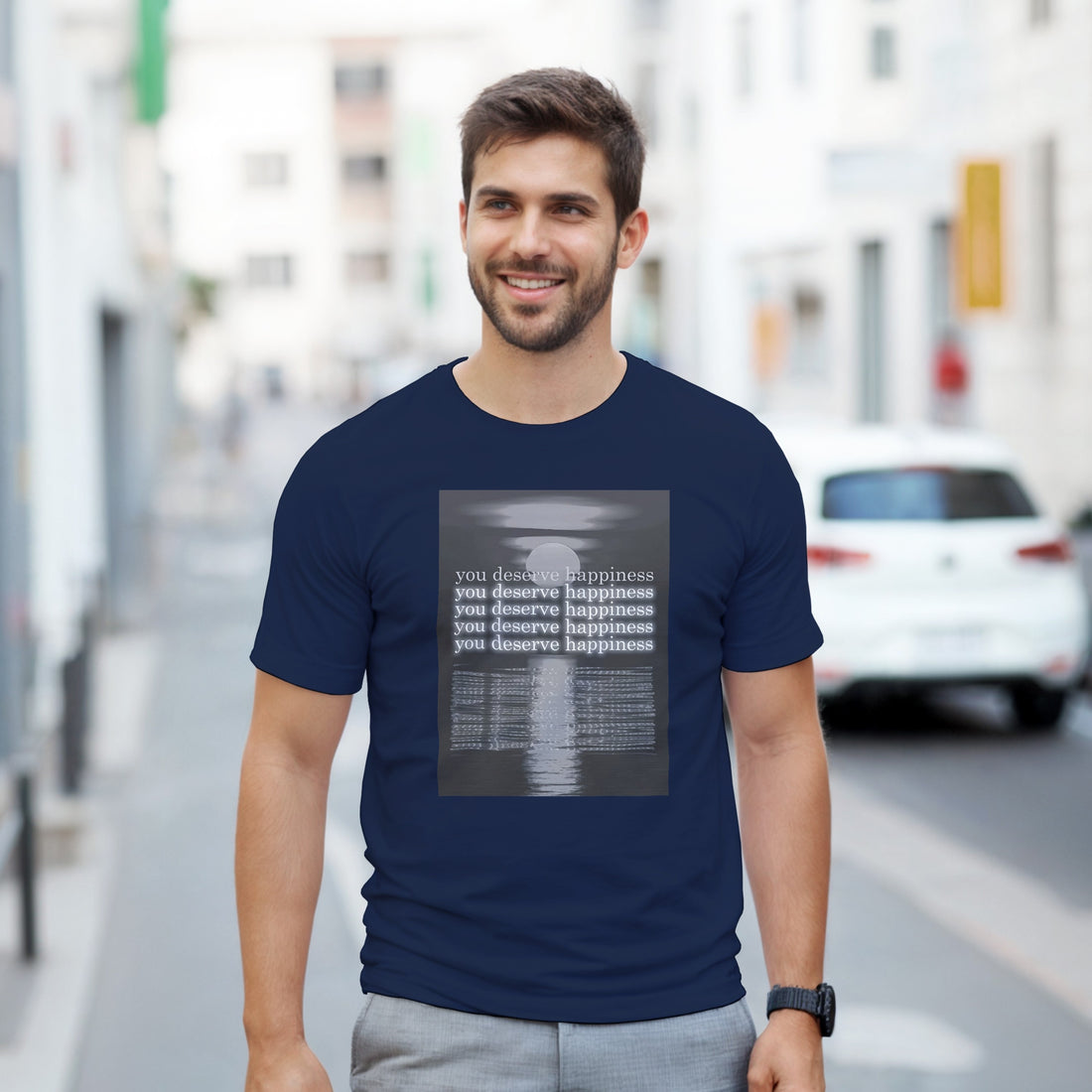 CAMISETA TE MERECES LA FELICIDAD BLANCA Y GRIS
