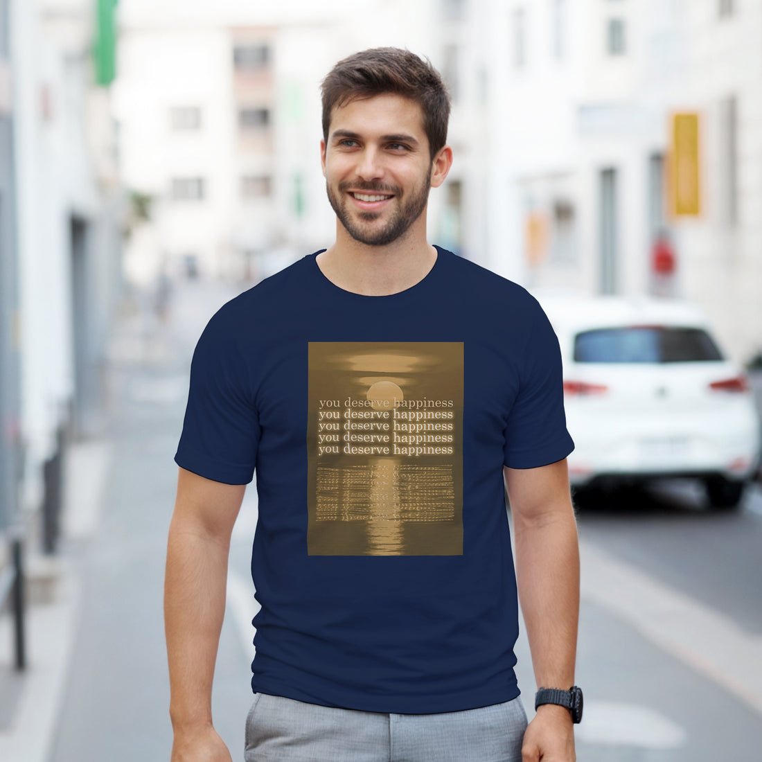 CAMISETA VOCÊ MERECE FELICIDADE DOURADA
