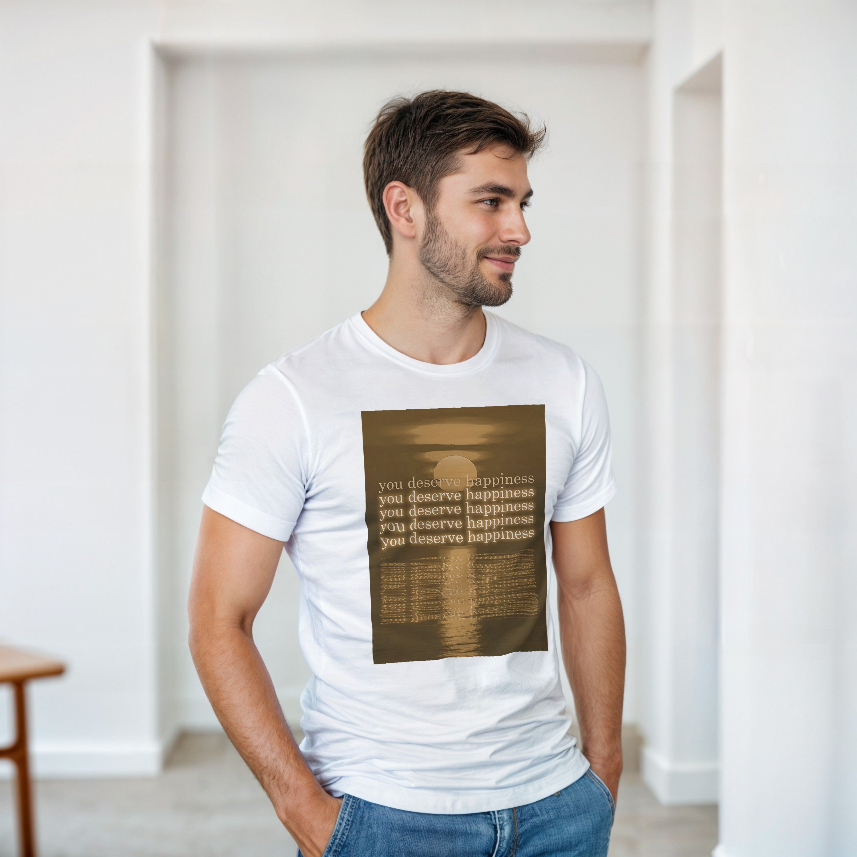 CAMISETA VOCÊ MERECE FELICIDADE DOURADA