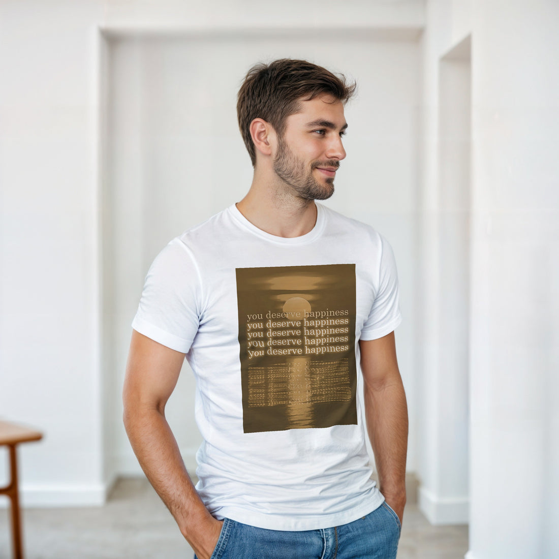 CAMISETA VOCÊ MERECE FELICIDADE DOURADA