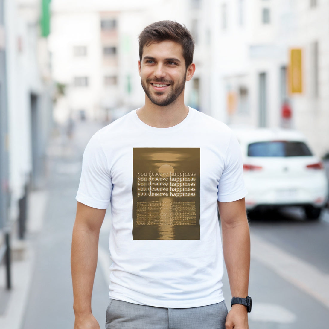 CAMISETA VOCÊ MERECE FELICIDADE DOURADA