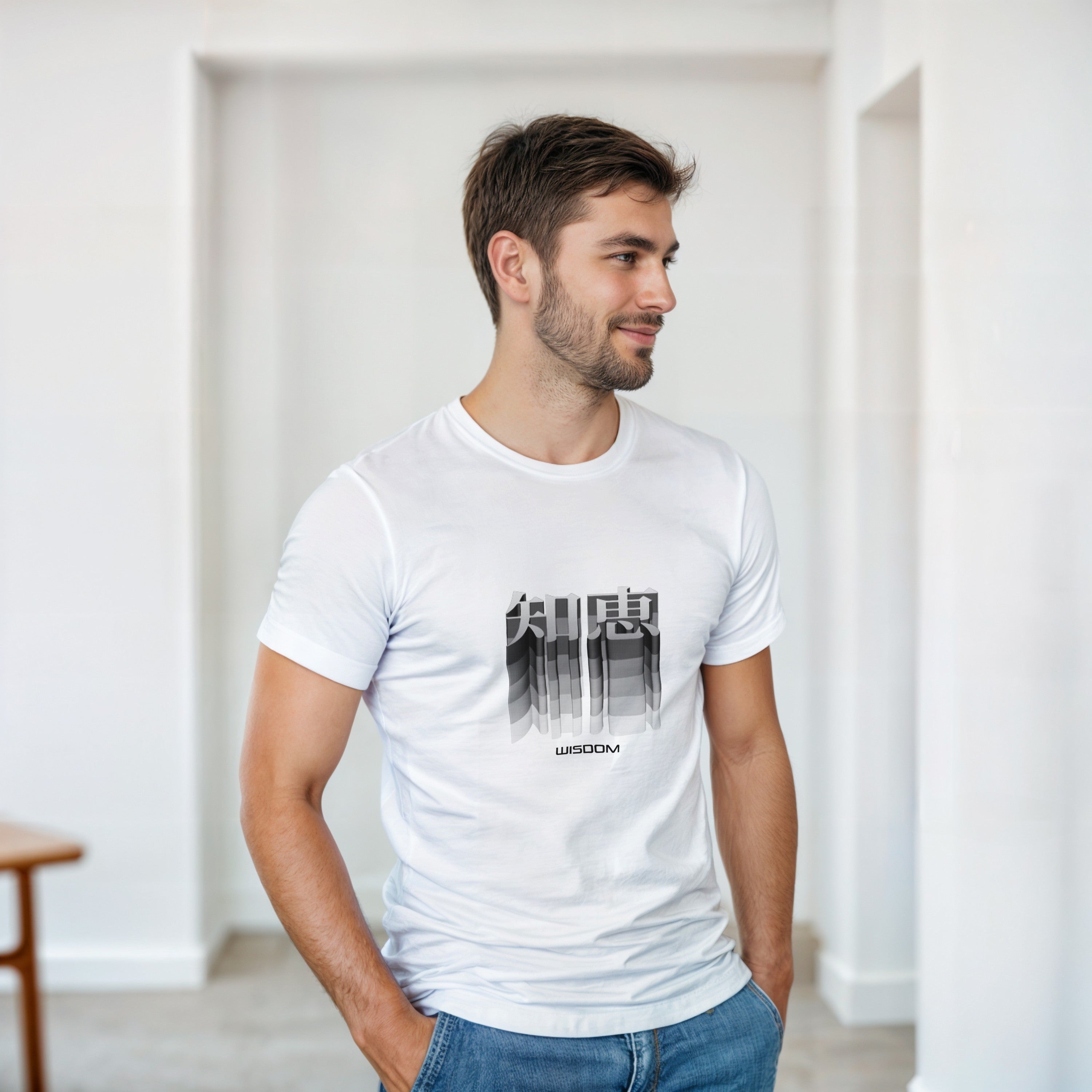 CAMISETA SABIDURÍA KANJI JAPONESA BLANCA Y CENIZA