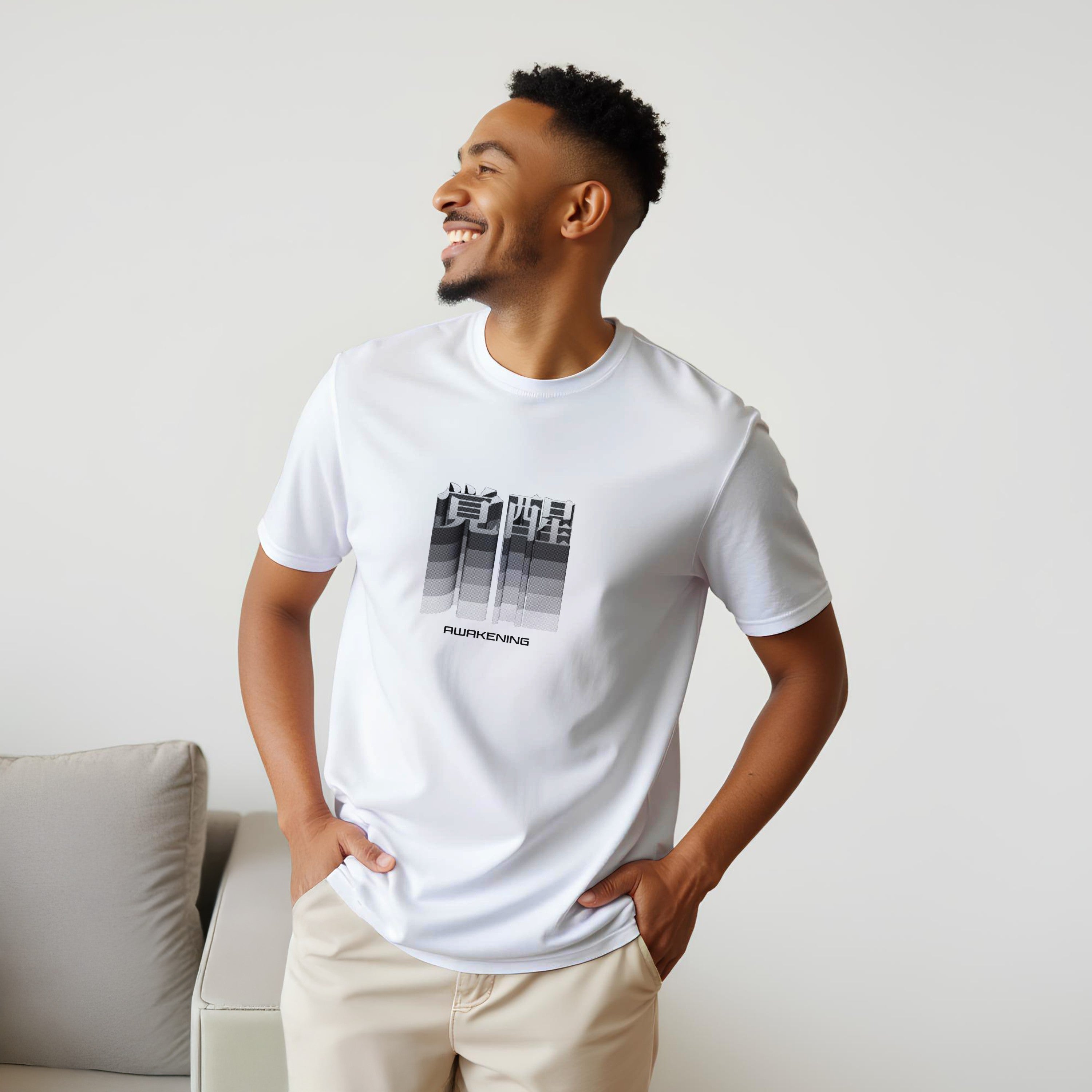 CAMISETA KANJI JAPONÉS DESPERTAR NEGRO Y GRIS