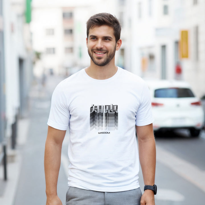 CAMISETA COM KANJI JAPONÊS E SABEDORIA BRANCA E CINZA