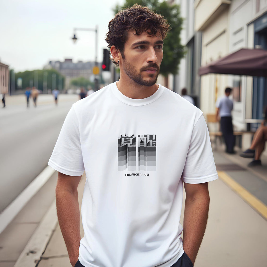 CAMISETA KANJI JAPONÉS DESPERTAR NEGRO Y GRIS
