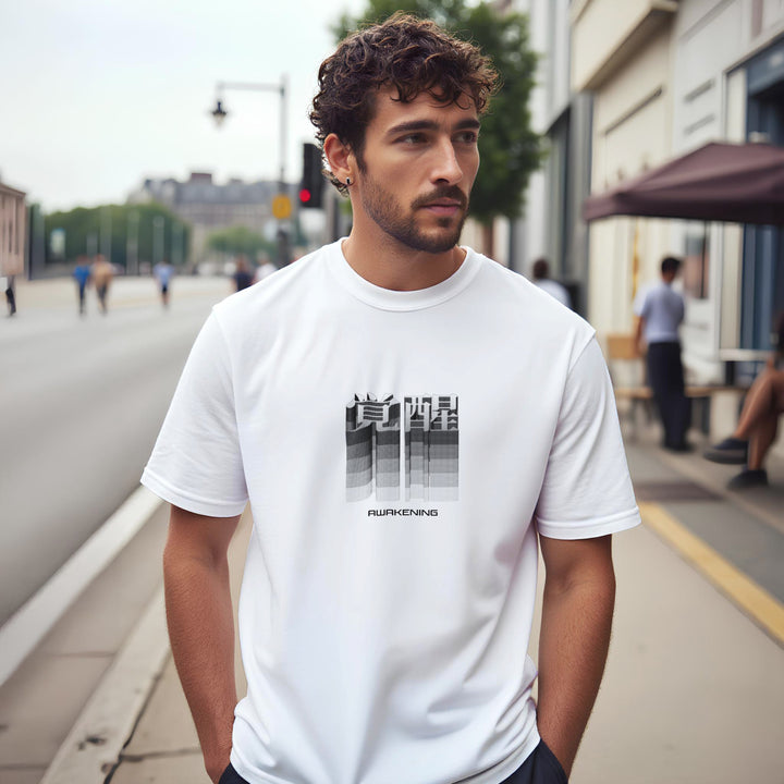 CAMISETA COM KANJI JAPONÊS "DESPERTAR" PRETA E CINZA